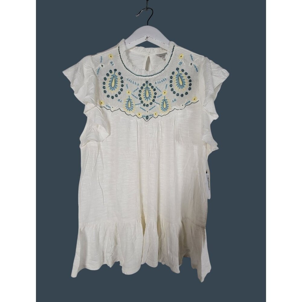 Lucky Brand Womens White Embroidered Ruffle Sleeve Top Medium Cotton Blend New